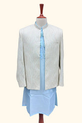 Embroidered Waves Ivory Coat with Sky Blue Kurta 3-Piece Suit