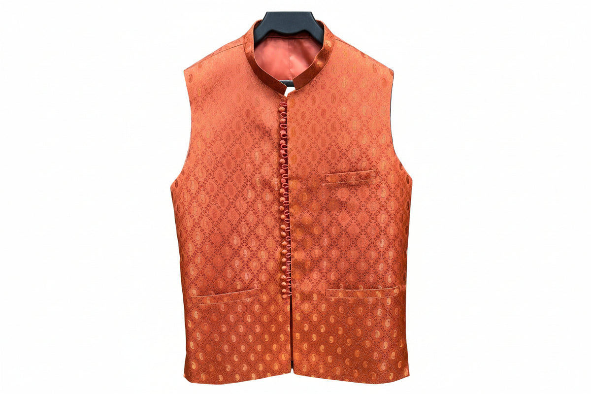 Rust Mehroon Jamawar Waistcoat – Custom Made Premium Ethnic Wear 🧡