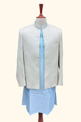 Embroidered Waves Ivory Coat with Sky Blue Kurta 3-Piece Suit